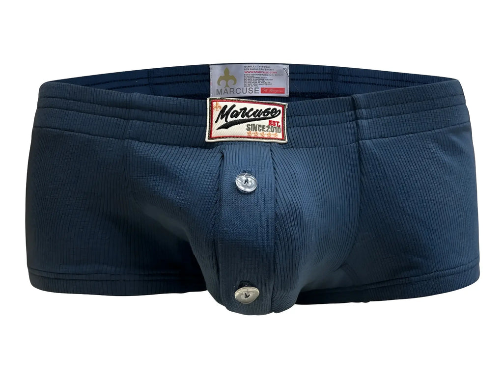 Dark blue ribbed cotton Marcuse Waterboy boxer briefs with button-front design and branded patch on front waistband