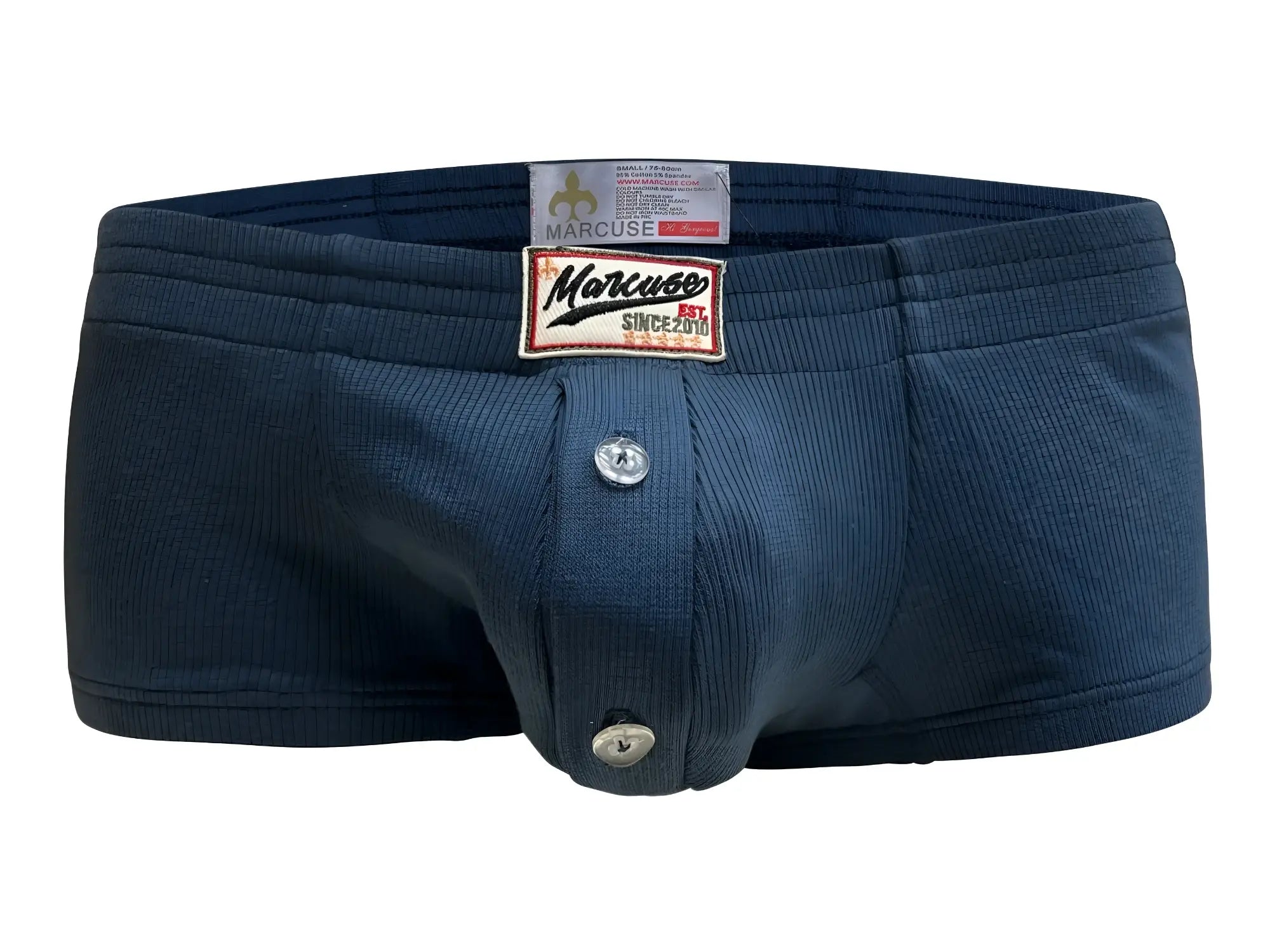 Dark blue ribbed cotton Marcuse Waterboy boxer briefs with button-front design and branded patch on front waistband