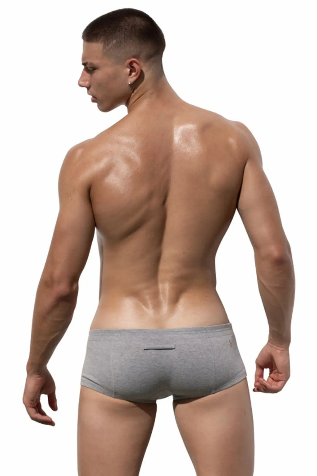 Gray heathered cotton marcuse waterboy boxer briefs showing back with subtle horizontal seam for comfort and fit