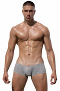 Gray heathered marcuse waterboy boxer briefs with a small rectangular brand label on the front waistband