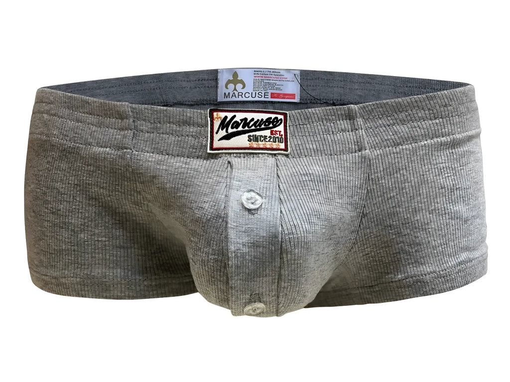 Gray ribbed fabric marcuse waterboy boxer briefs with button-front design and marcuse brand patch on front