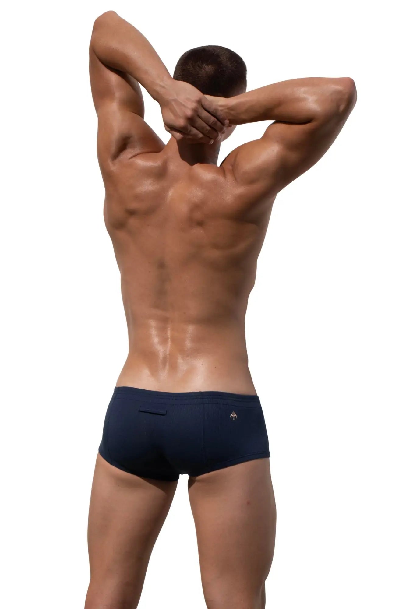 Navy blue Marcuse Waterboy boxer briefs with a small waistband logo designed for athletic comfort and support