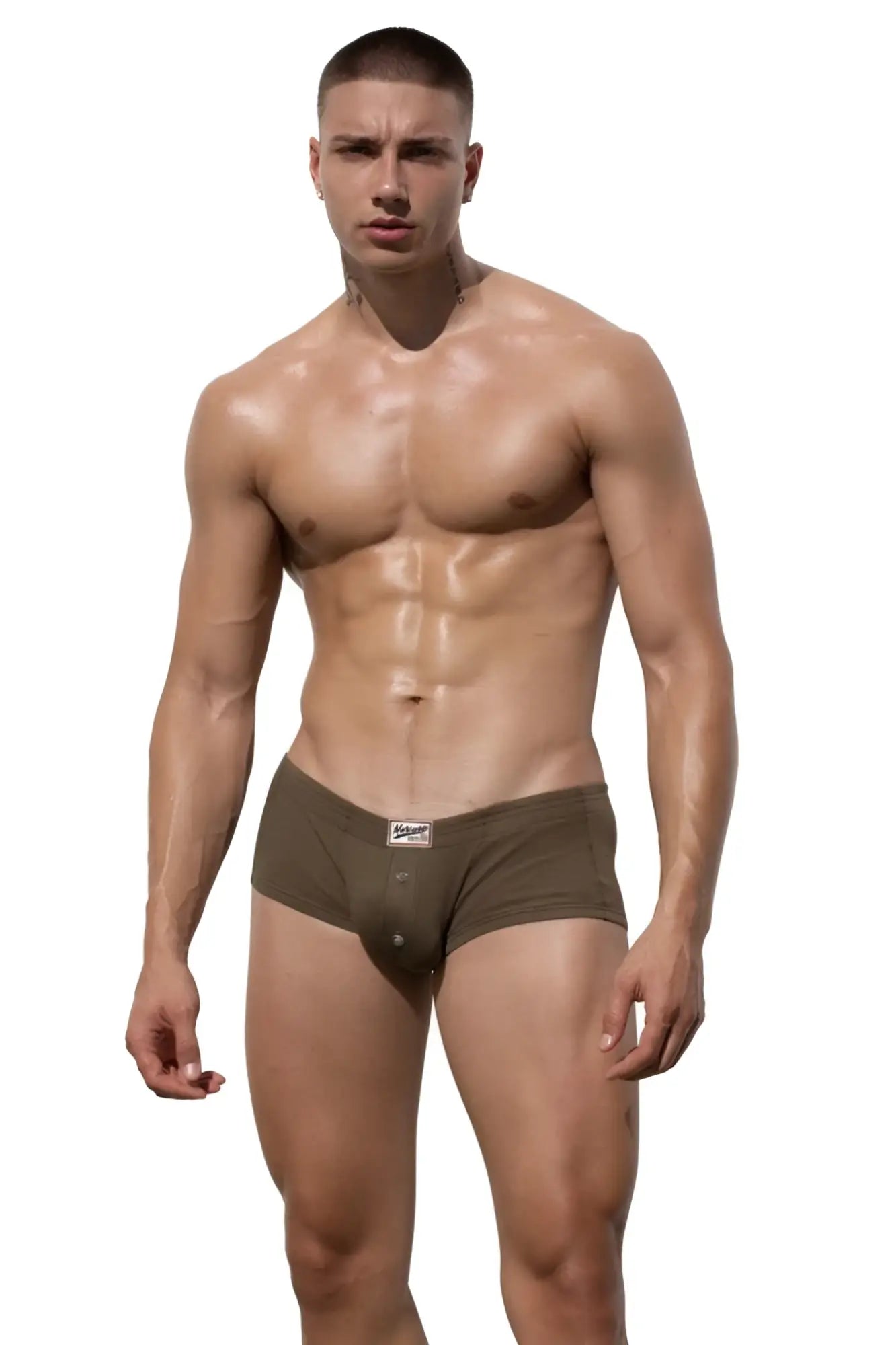 Marcuse waterboy boxer underwear in olive green cotton with a small white logo on the waistband