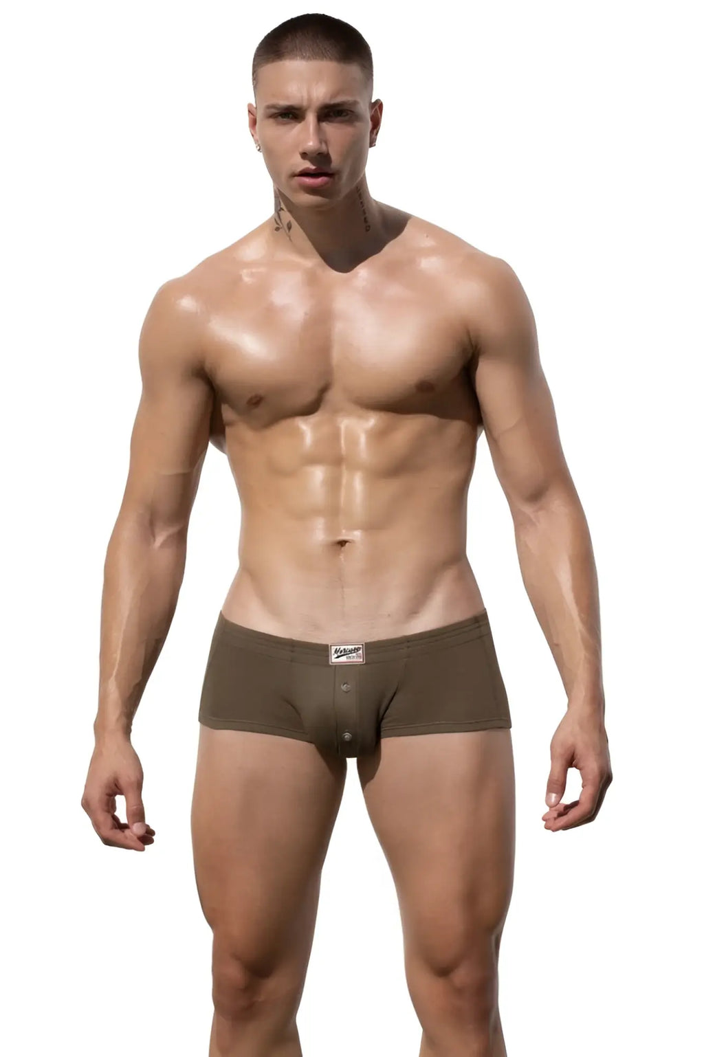 Marcuse waterboy boxer underwear olive green cotton briefs with small white logo on waistband front view