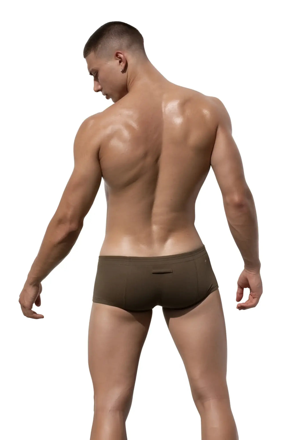 Back view of olive green Marcuse Waterboy boxer briefs featuring a small rectangular pocket made from soft fabric
