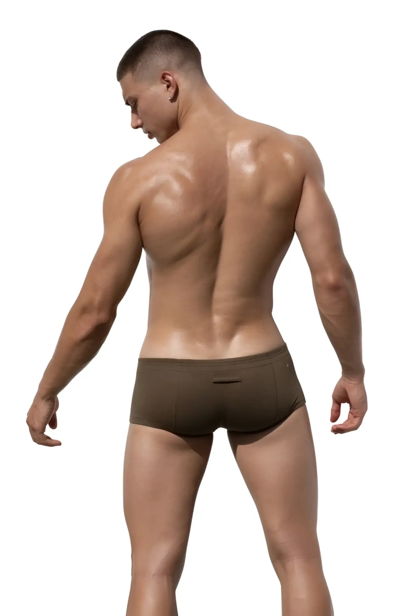 Back view of olive green Marcuse Waterboy boxer briefs featuring a small rectangular pocket made from soft fabric