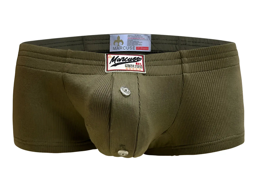 Olive green ribbed fabric marcuse waterboy boxer briefs with button closure and branded patches