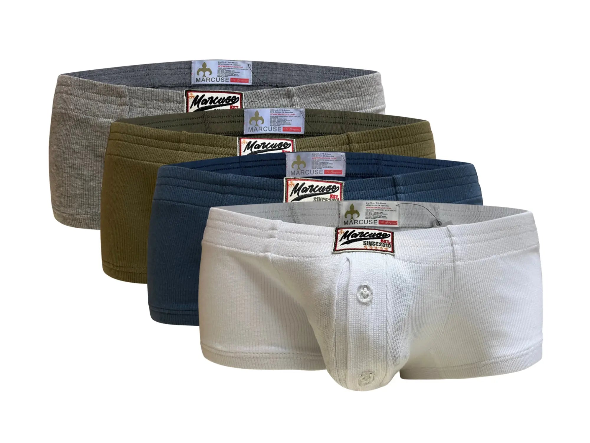 White marcuse waterboy boxer briefs with ribbed texture and branded label designed for comfortable everyday wear