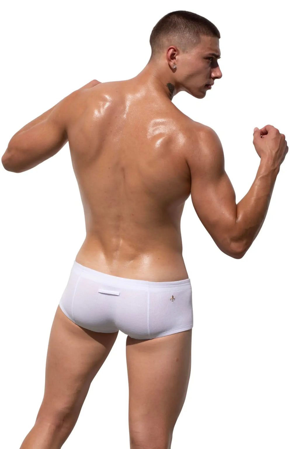White marcuse waterboy boxer underwear briefs with a small logo on the side made of soft fabric