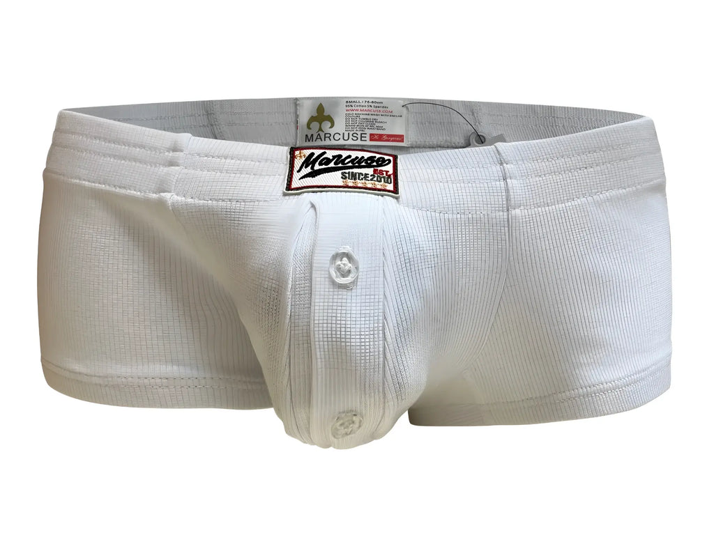 White ribbed cotton Marcuse Waterboy boxer briefs with button-front design and Marcus brand label