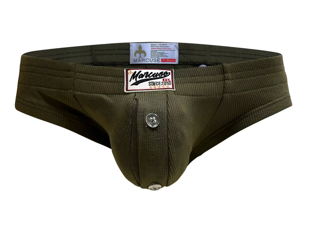 Marcuse waterboy brief underwear in olive green striped knit fabric with metal buttons and brand label