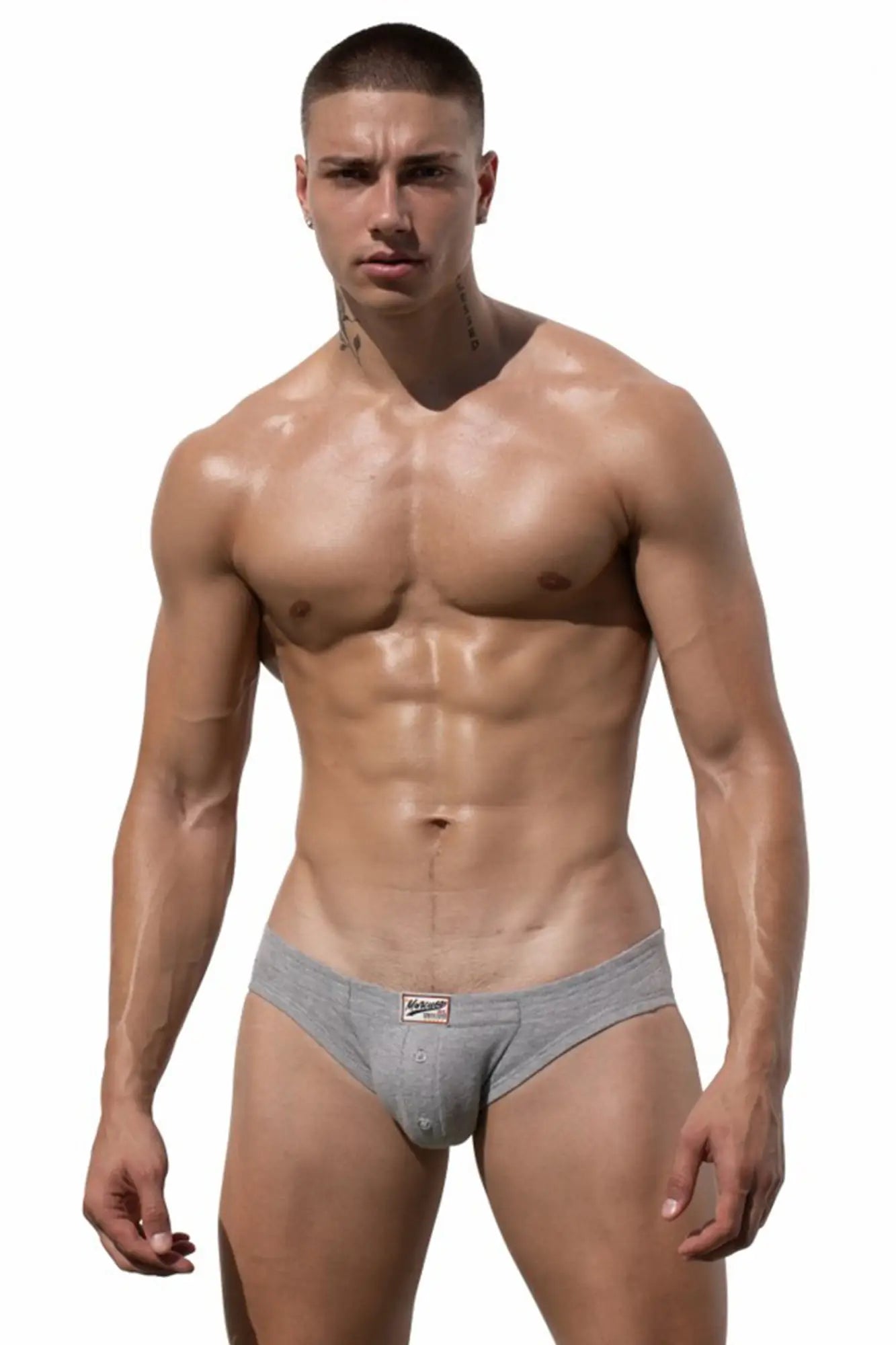 Gray cotton marcuse waterboy brief underwear with a small rectangular brand label on the front