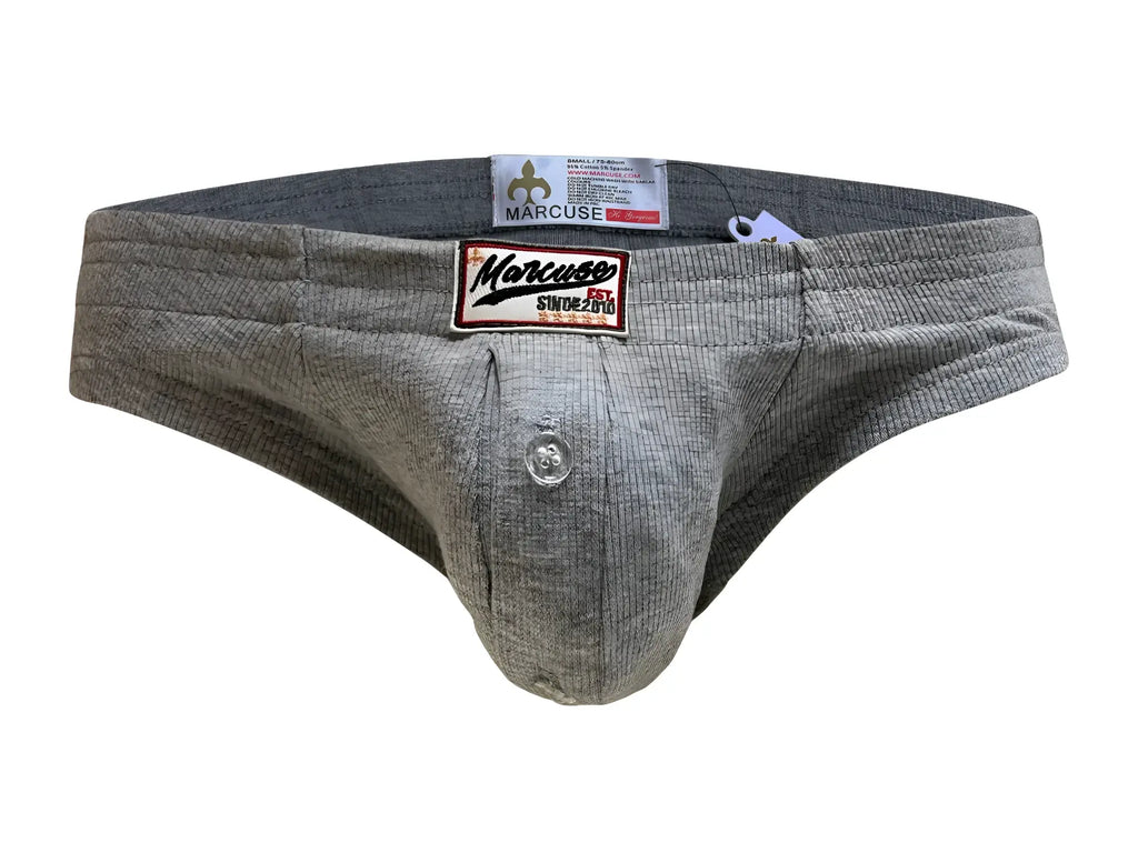 Gray ribbed fabric marcuse waterboy brief underwear with button closure and marcuse since 2018 branding patch
