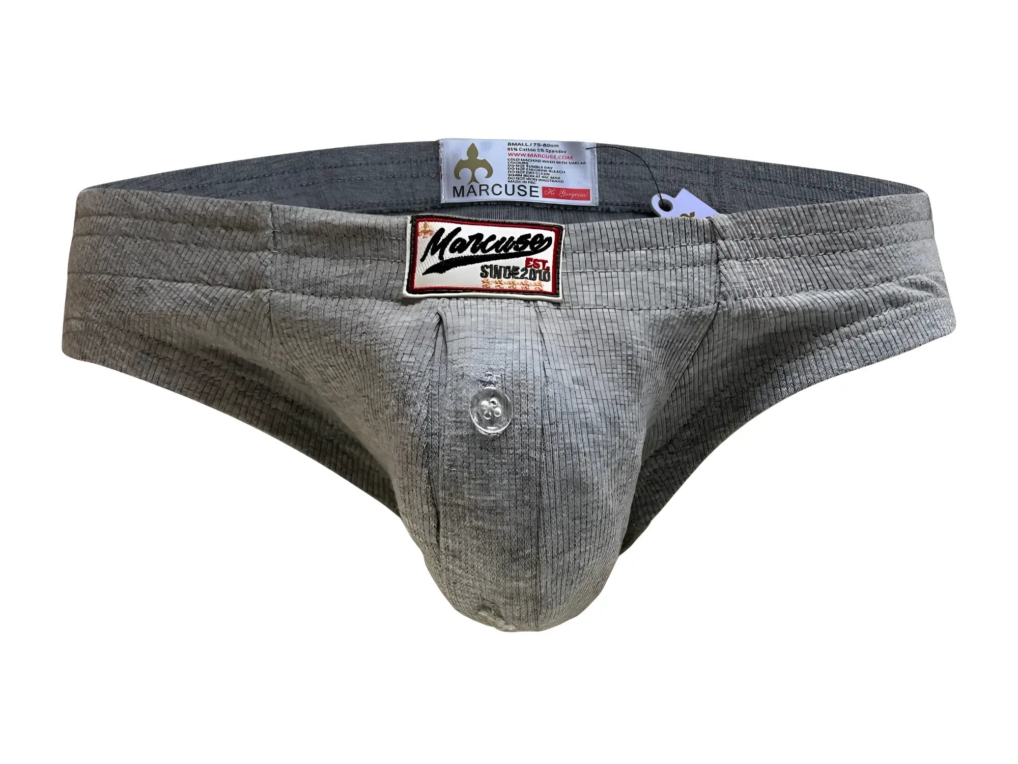 Gray ribbed fabric marcuse waterboy brief underwear with button closure and marcuse since 2018 branding patch