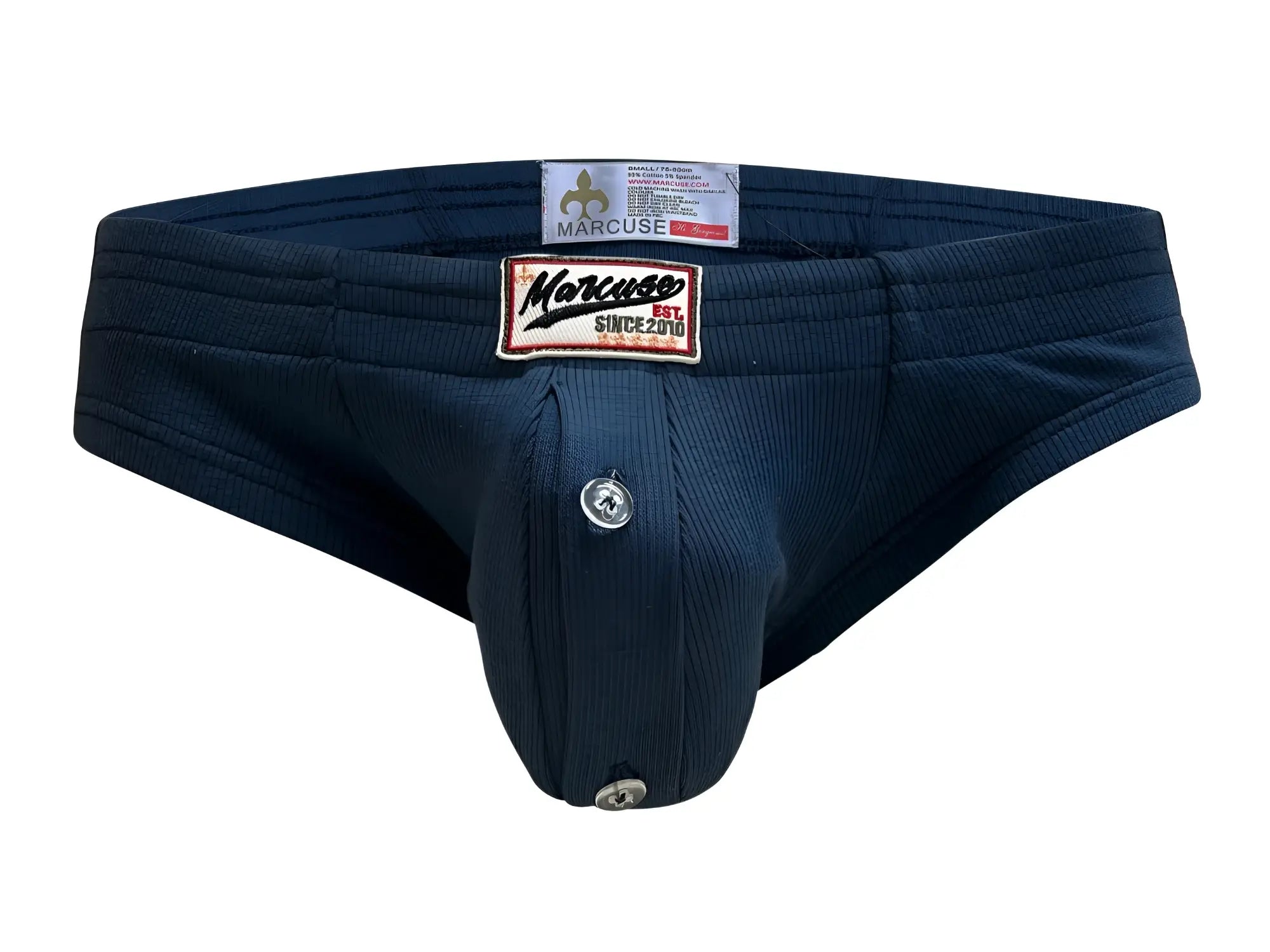 Marcuse waterboy brief underwear in navy blue ribbed fabric with button closure and embroidered brand patch