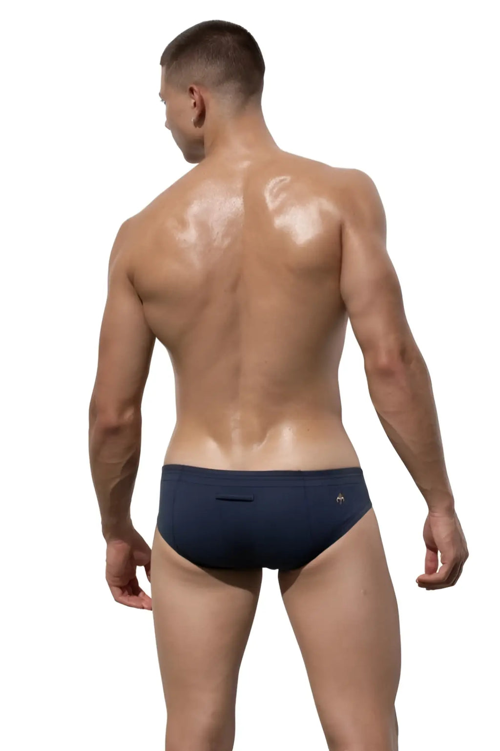 Navy blue marcuse waterboy brief underwear with small logo on left hipband designed for swim and water use