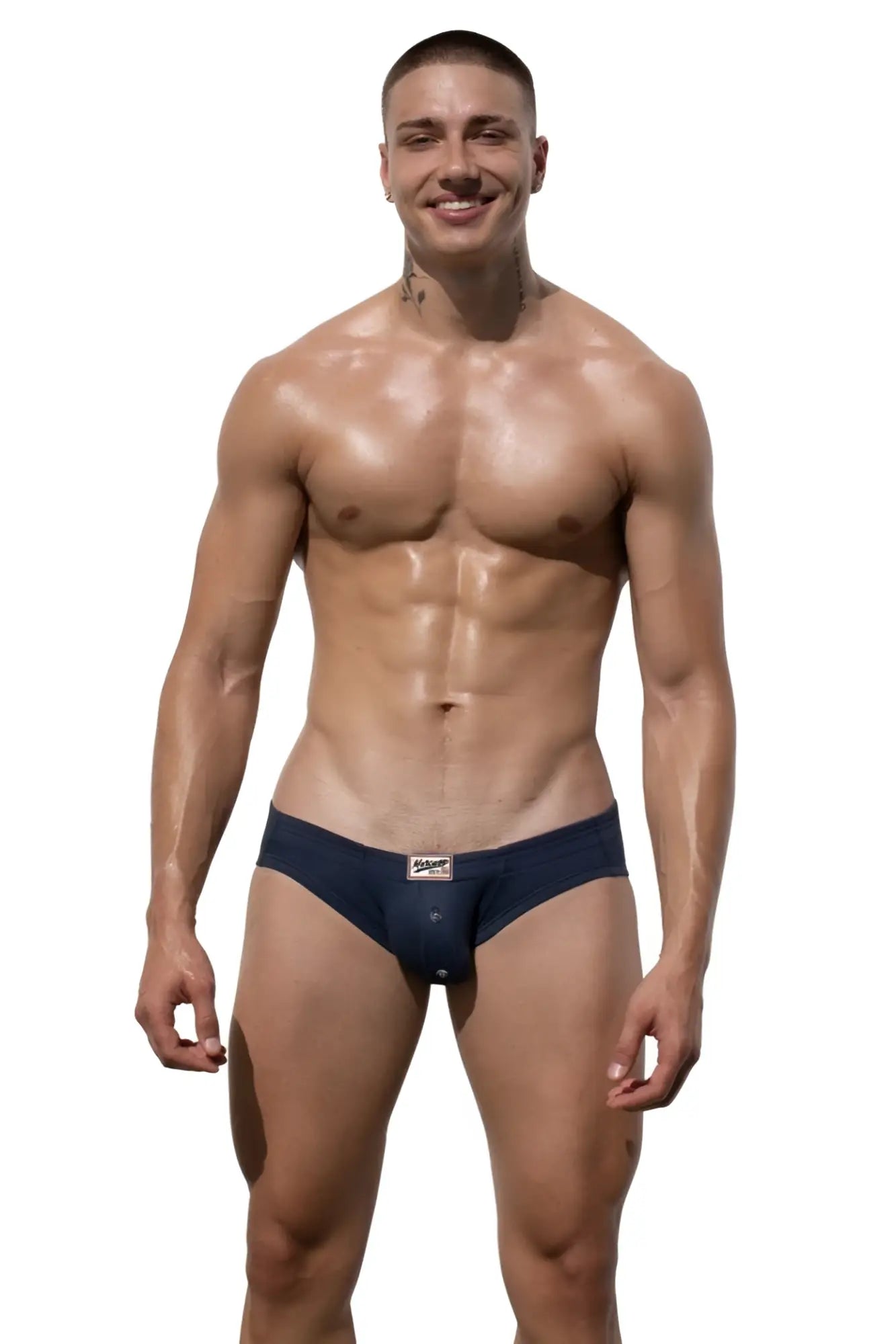 Navy blue Marcuse Waterboy brief underwear with a small white logo on the front for comfortable everyday wear