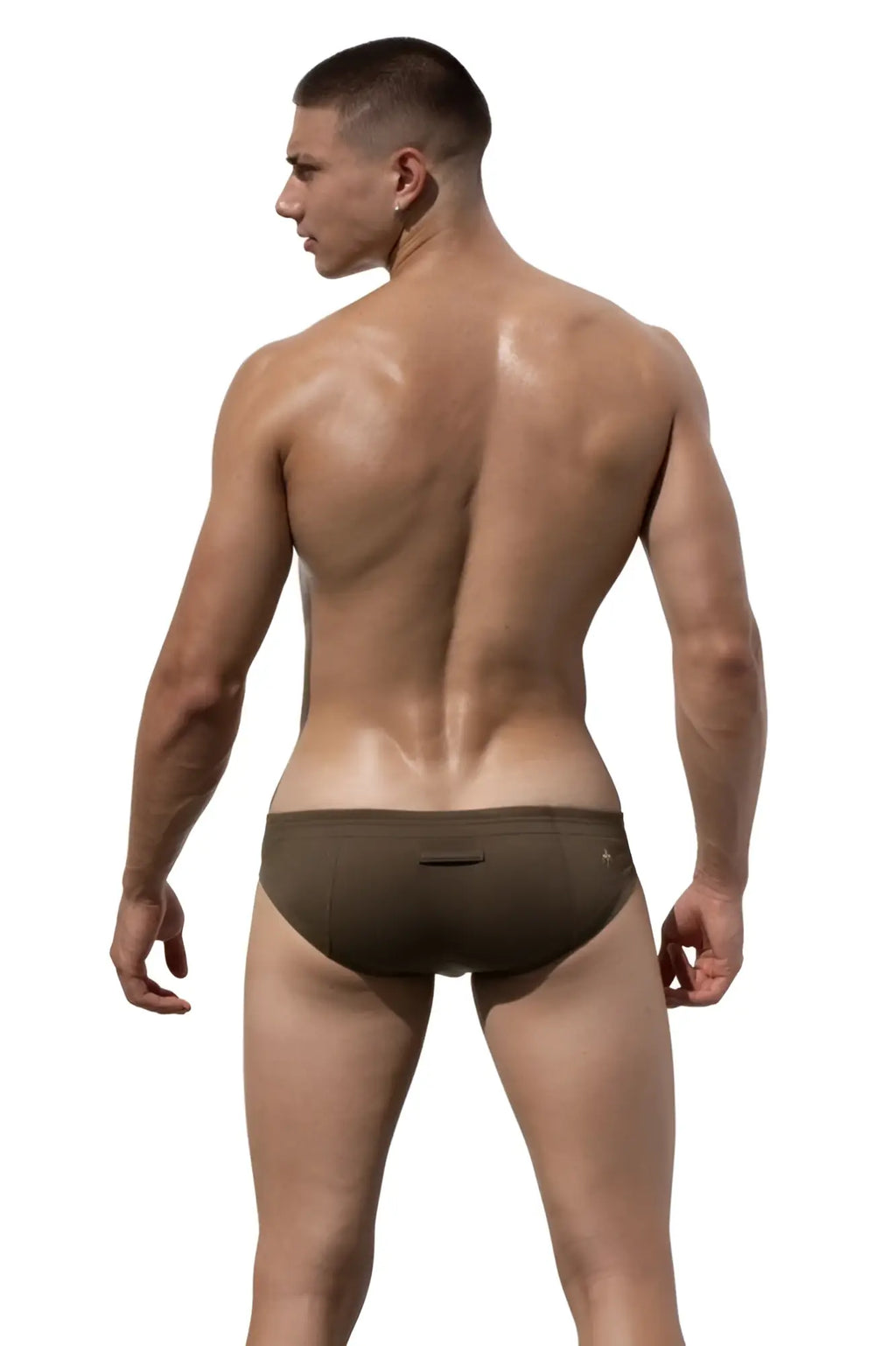 Olive green marcuse waterboy brief underwear featuring a small logo on the waistband in a soft fabric