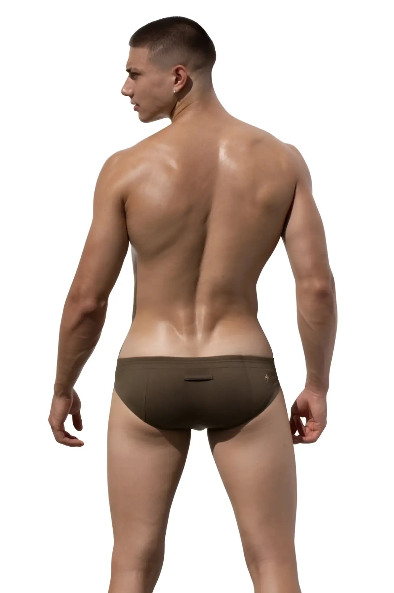 Olive green marcuse waterboy brief underwear featuring a small logo on the waistband in a soft fabric