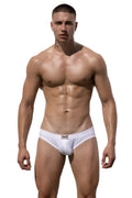White Marcuse Waterboy brief underwear with a small black logo on the front made from soft breathable fabric