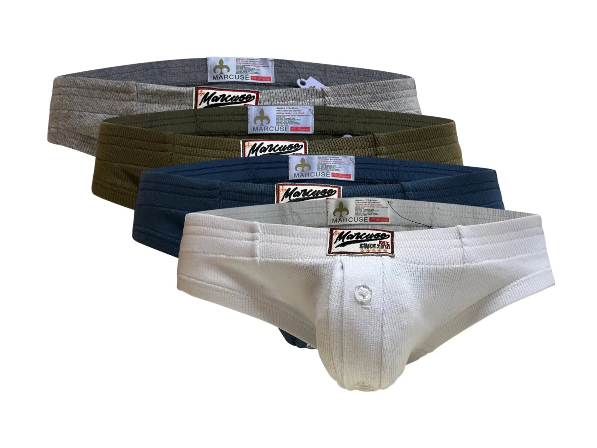 White corduroy marcuse waterboy brief underwear with button closure and marcuse brand label on the front side