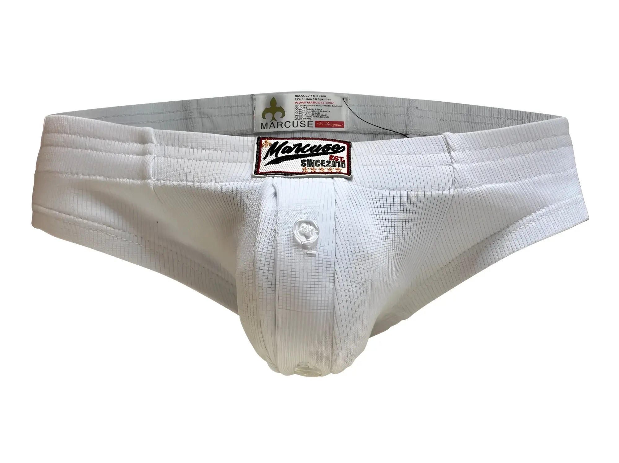 Marcuse waterboy brief underwear in white ribbed fabric with button closure and marcuse since 1970 branding on front