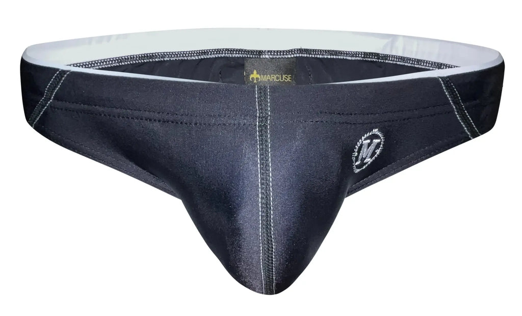 Black denim-style briefs with white stitching and marcuse logo on the side from the wonderland bikini swimwear collection