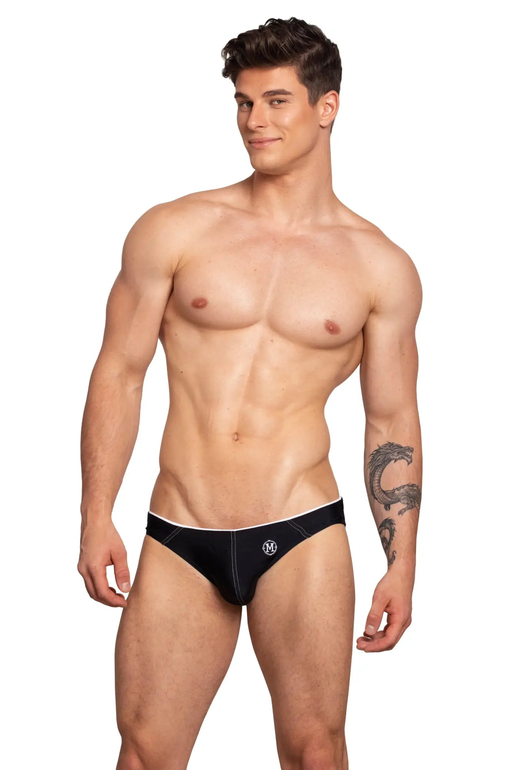 Black briefs with white trim and small logo on front from Marcuse Wonderland bikini swimwear collection
