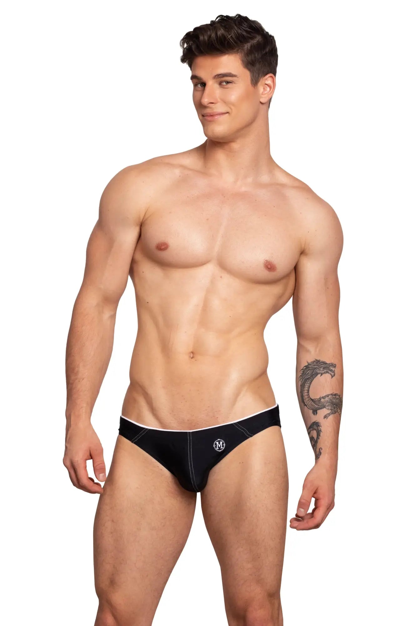 Black briefs with white trim and small logo on front from Marcuse Wonderland bikini swimwear collection
