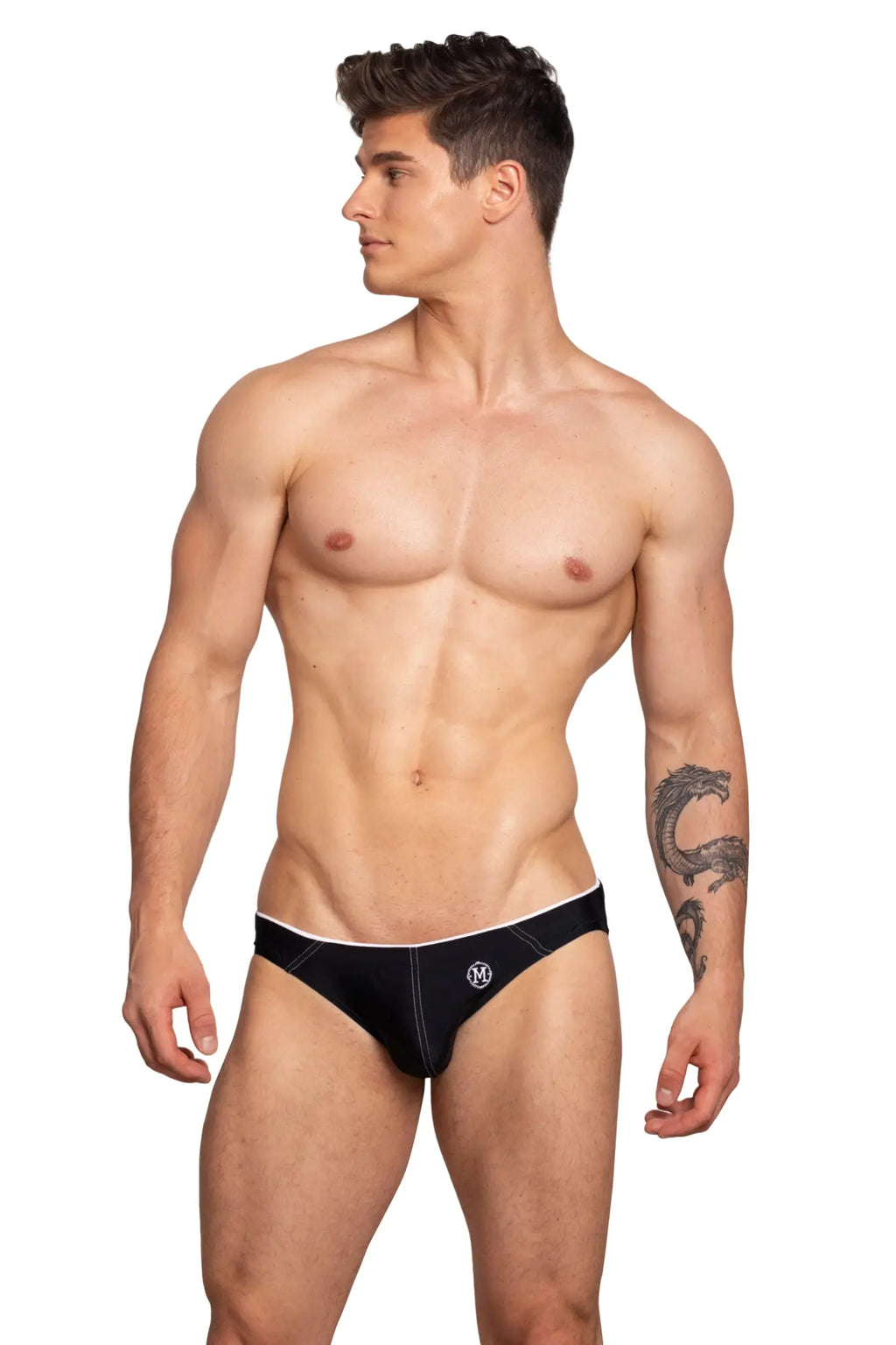 Black marcuse wonderland bikini swimwear briefs with white waistband and small front logo for swim use