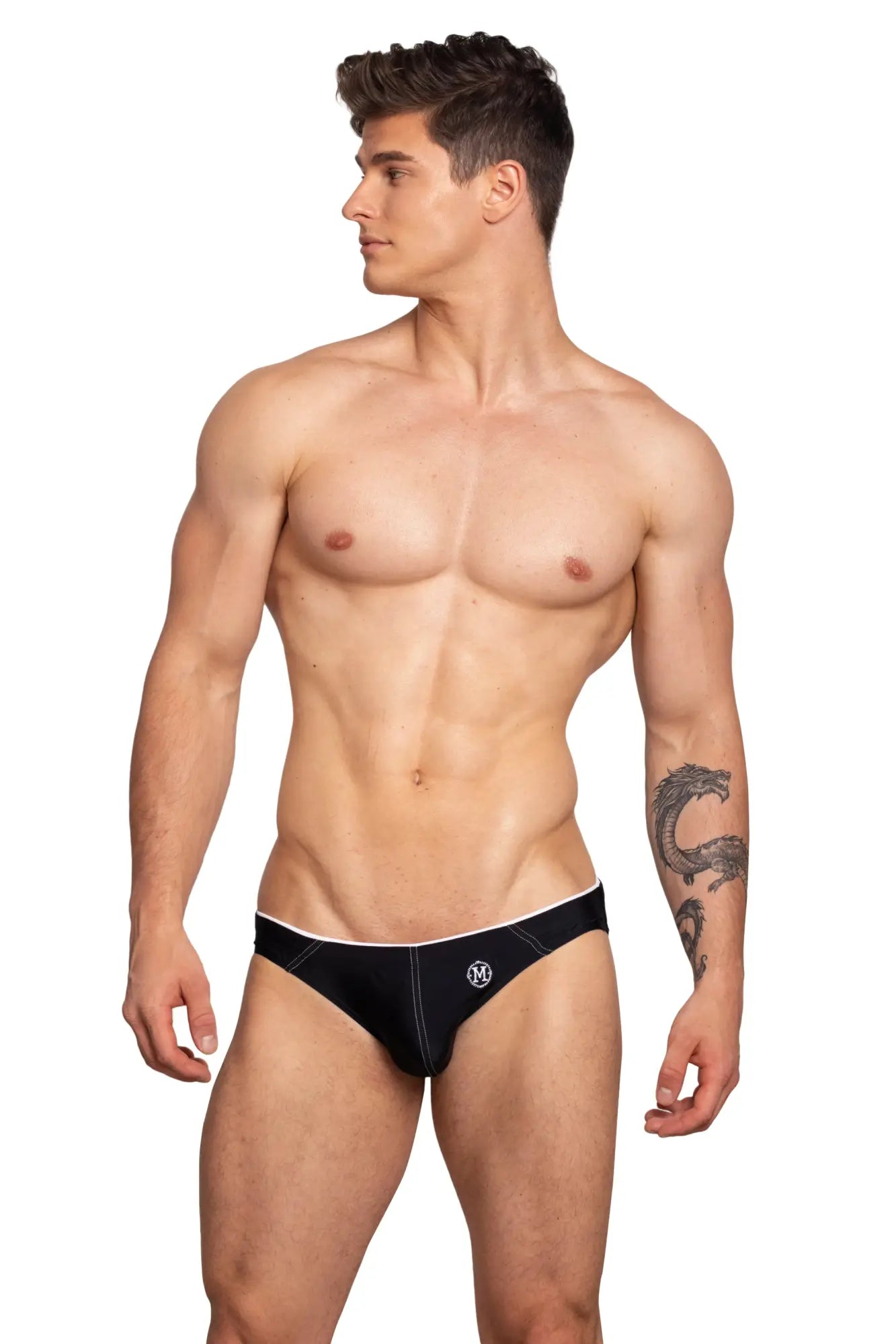 Black marcuse wonderland bikini swimwear briefs with white waistband and small front logo for swim use