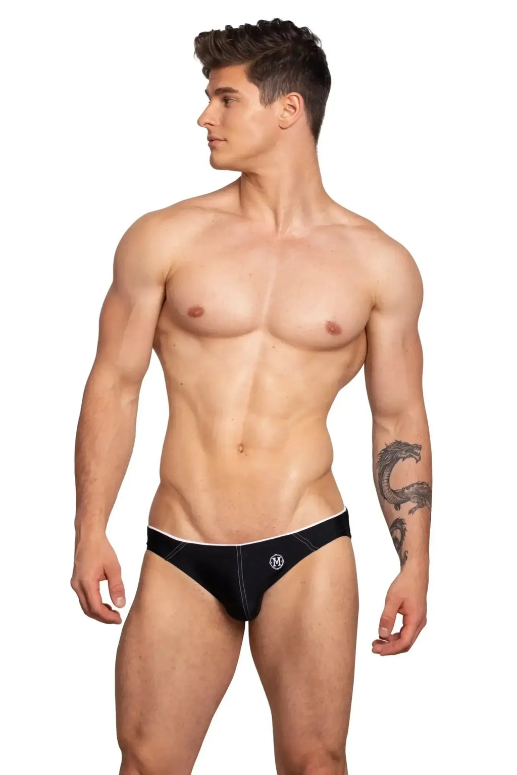 Black marcuse wonderland bikini swimwear briefs with white waistband and small front logo for swim use