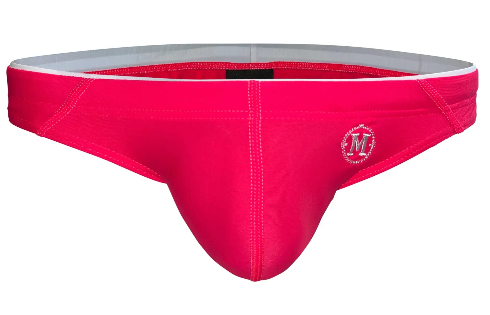 Marcuse Wonderland bikini swimwear bright pink athletic briefs with gray waistband white stitching and embroidered logo