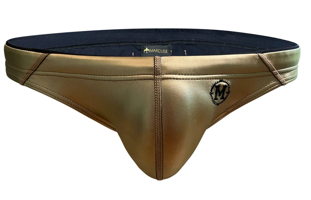 Gold metallic briefs with black lining and embroidered m logo from Marcuse Wonderland bikini swimwear collection