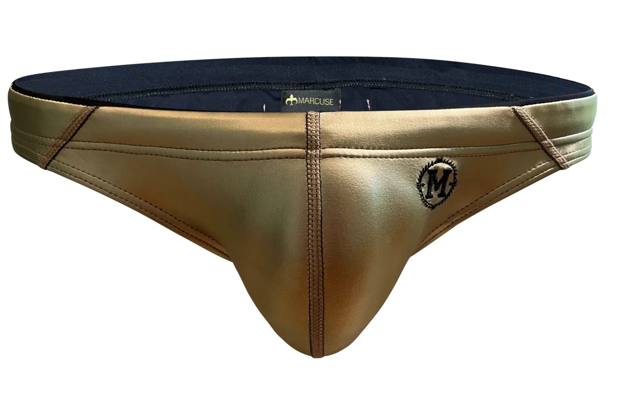 Gold metallic briefs with black lining and embroidered m logo from Marcuse Wonderland bikini swimwear collection