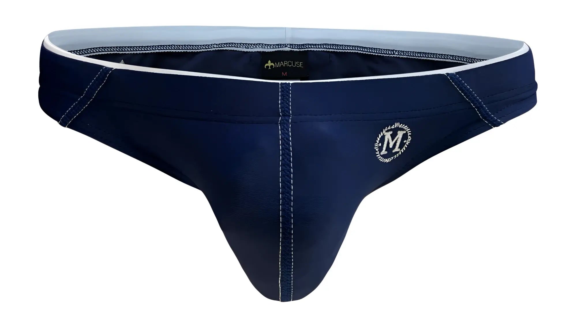 Navy blue Marcuse Wonderland bikini swimwear thong with white stitching and circular logo on the front