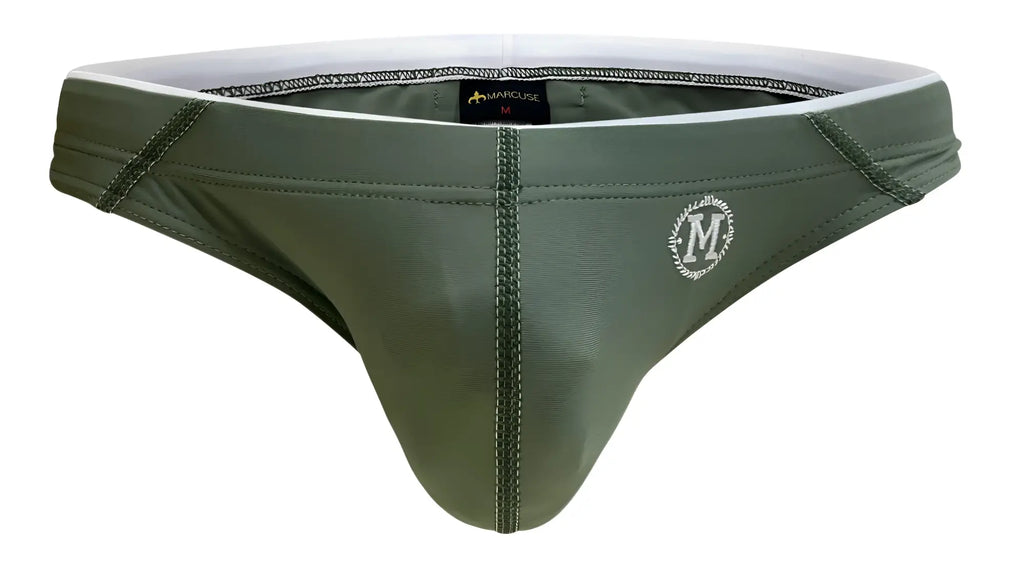 Olive green marcuse wonderland bikini swimwear briefs with white embroidered logo and black brand tag