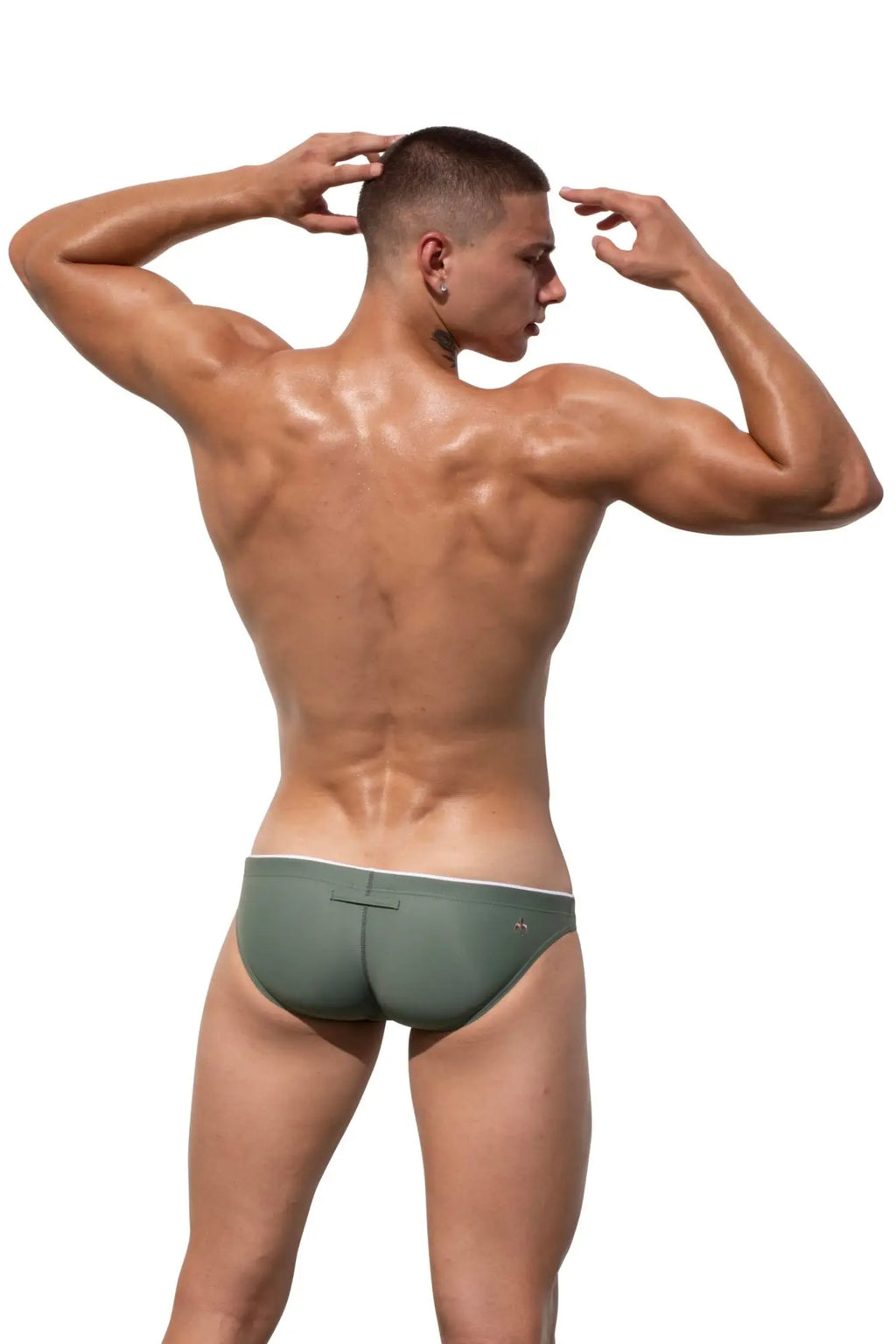 Olive green marcuse wonderland bikini swimwear briefs with white waistband and small side logo for swim use