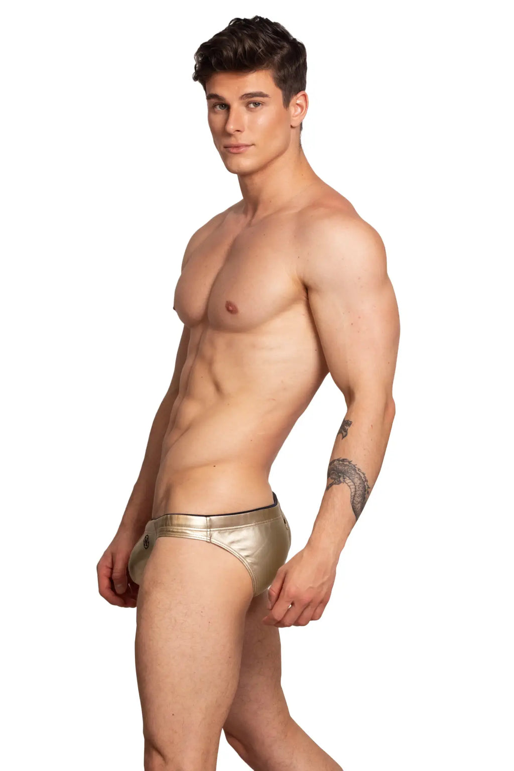Marcuse Wonderland bikini swimwear shiny gold metallic briefs with sleek form-fitting design visible from front