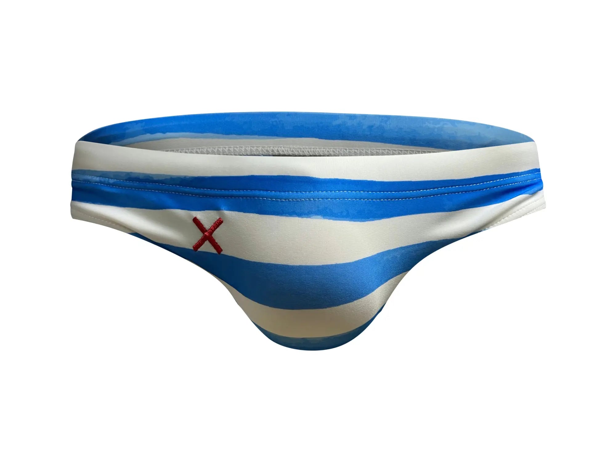 Marcuse Yolo bikini swimwear blue and white striped men’s swim trunks with a red embroidered x on the side