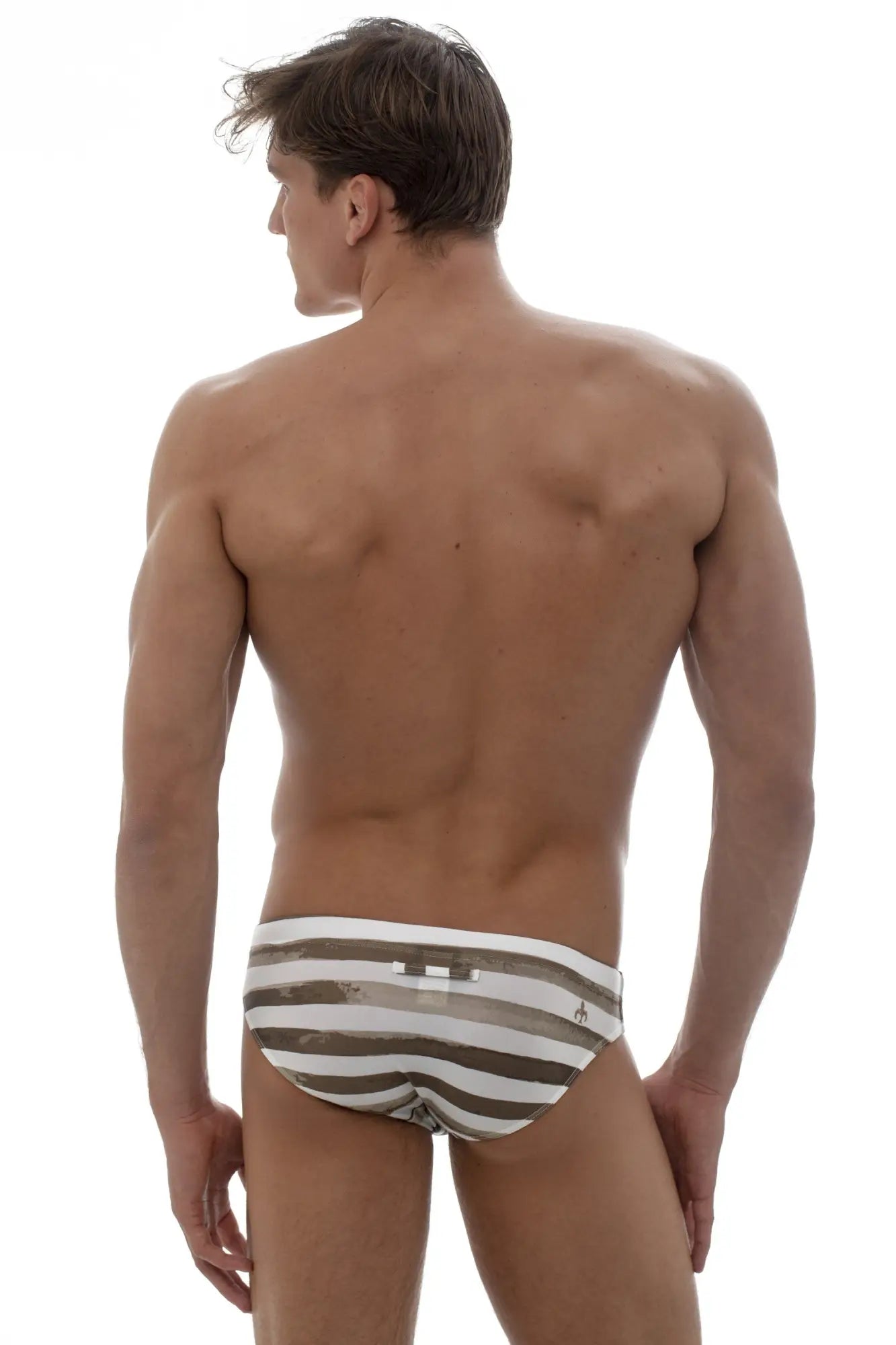 Marcuse Yolo bikini swimwear striped white and gray swim trunks with small logo on waistband front view
