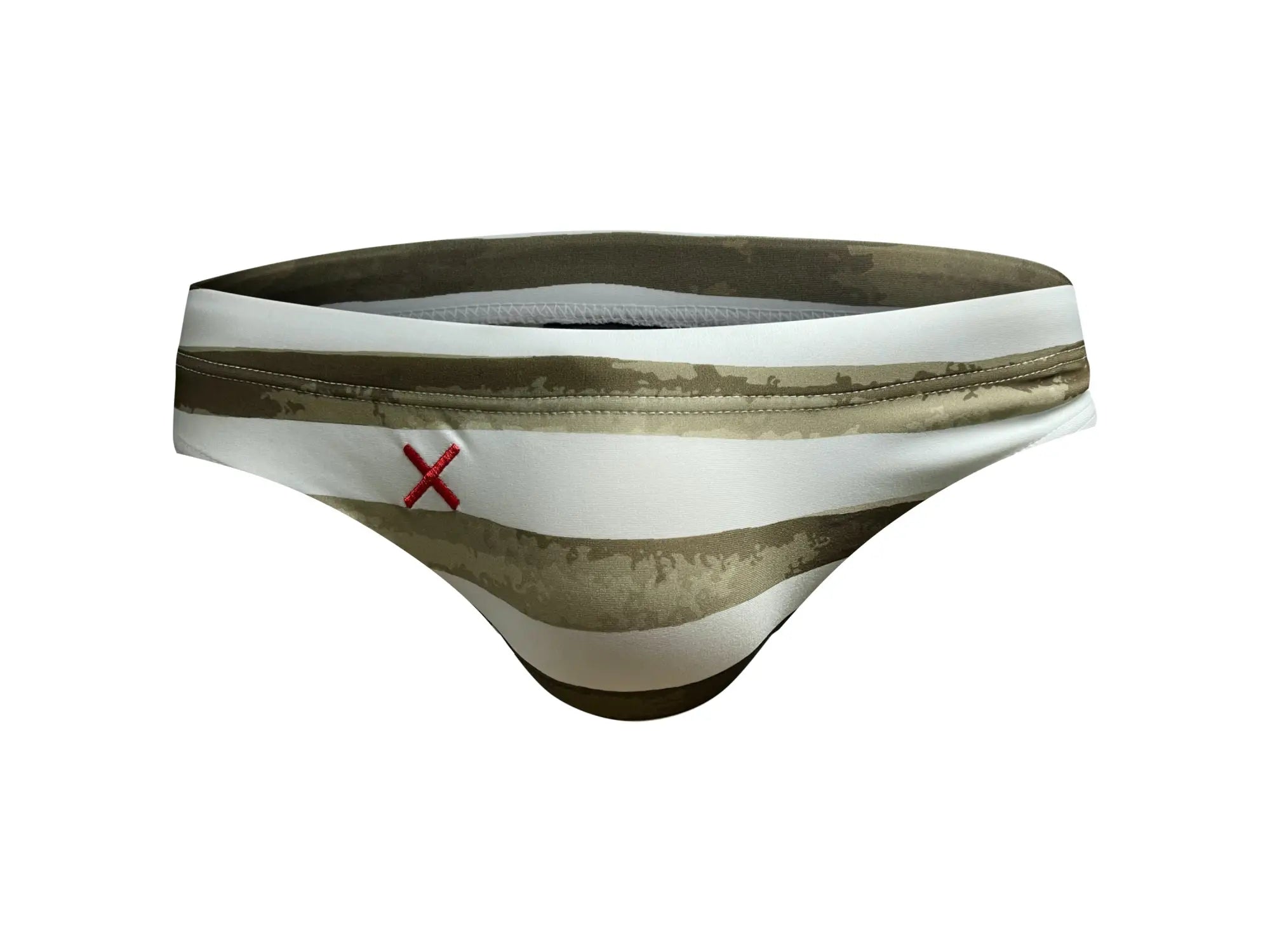 White and olive green striped Marcuse Yolo bikini swimwear trunks with red embroidered x detail on the side