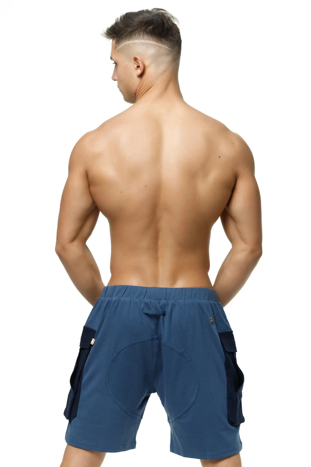 Marcuse Zaiden cargo shorts in blue with dark blue side panels and a drawstring waistband for casual wear