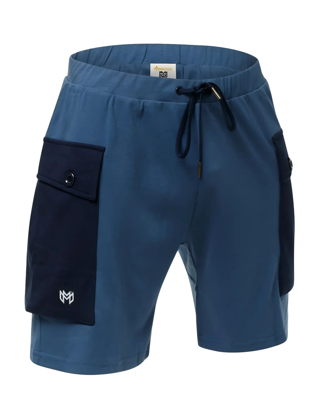 Marcuse Zaiden cargo shorts in blue with navy fabric accents and a drawstring waistband for casual wear