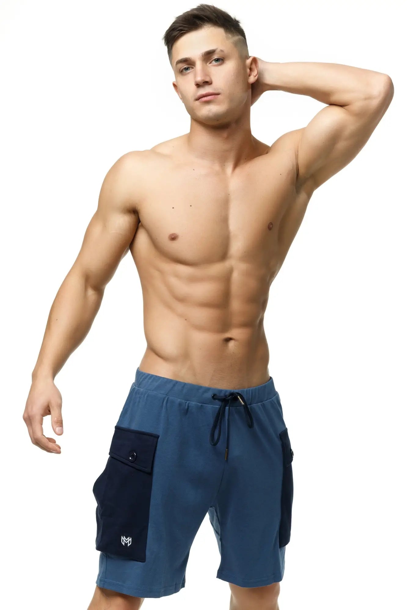 Marcuse Zaiden cargo shorts in blue and navy with a drawstring waistband perfect for casual wear