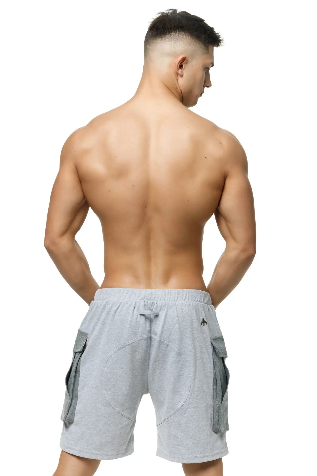 Marcuse Zaiden cargo shorts in gray heathered fabric with side pockets and a drawstring waistband for casual wear
