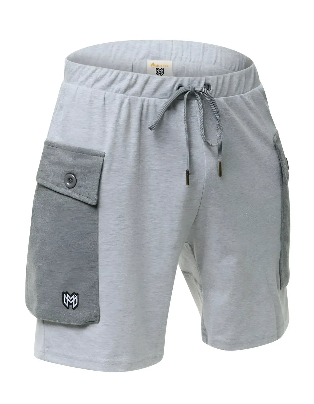 Marcuse Zaiden cargo shorts in gray heathered fabric with drawstring waistband and button flap pockets