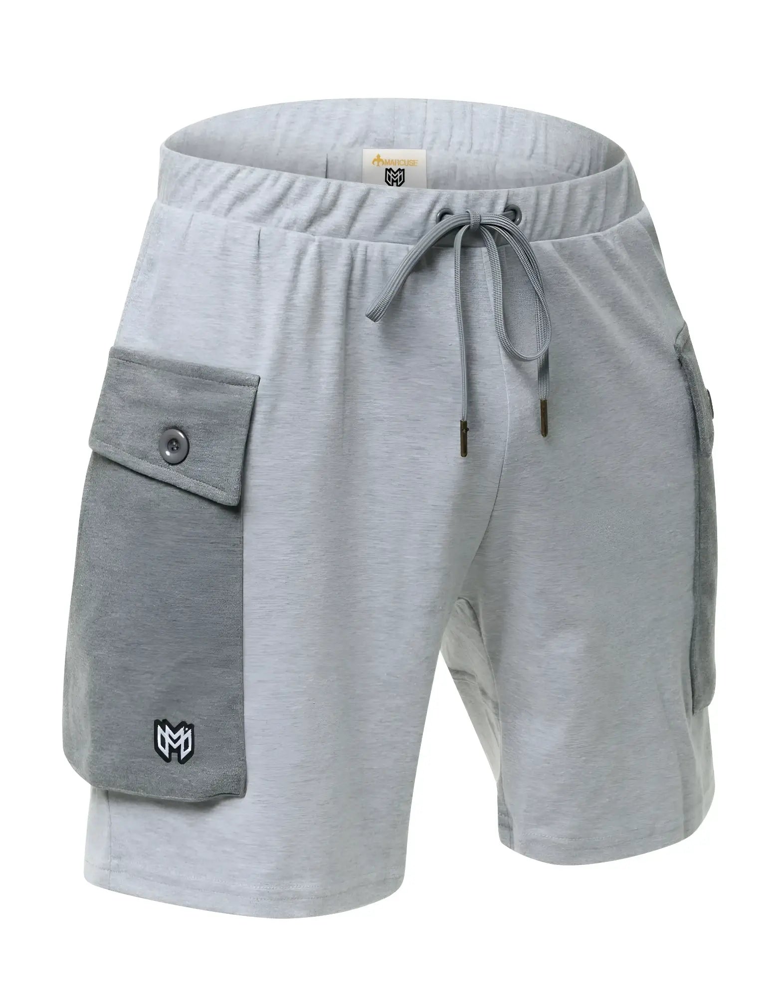 Marcuse Zaiden cargo shorts in gray heathered fabric with drawstring waistband and button flap pockets