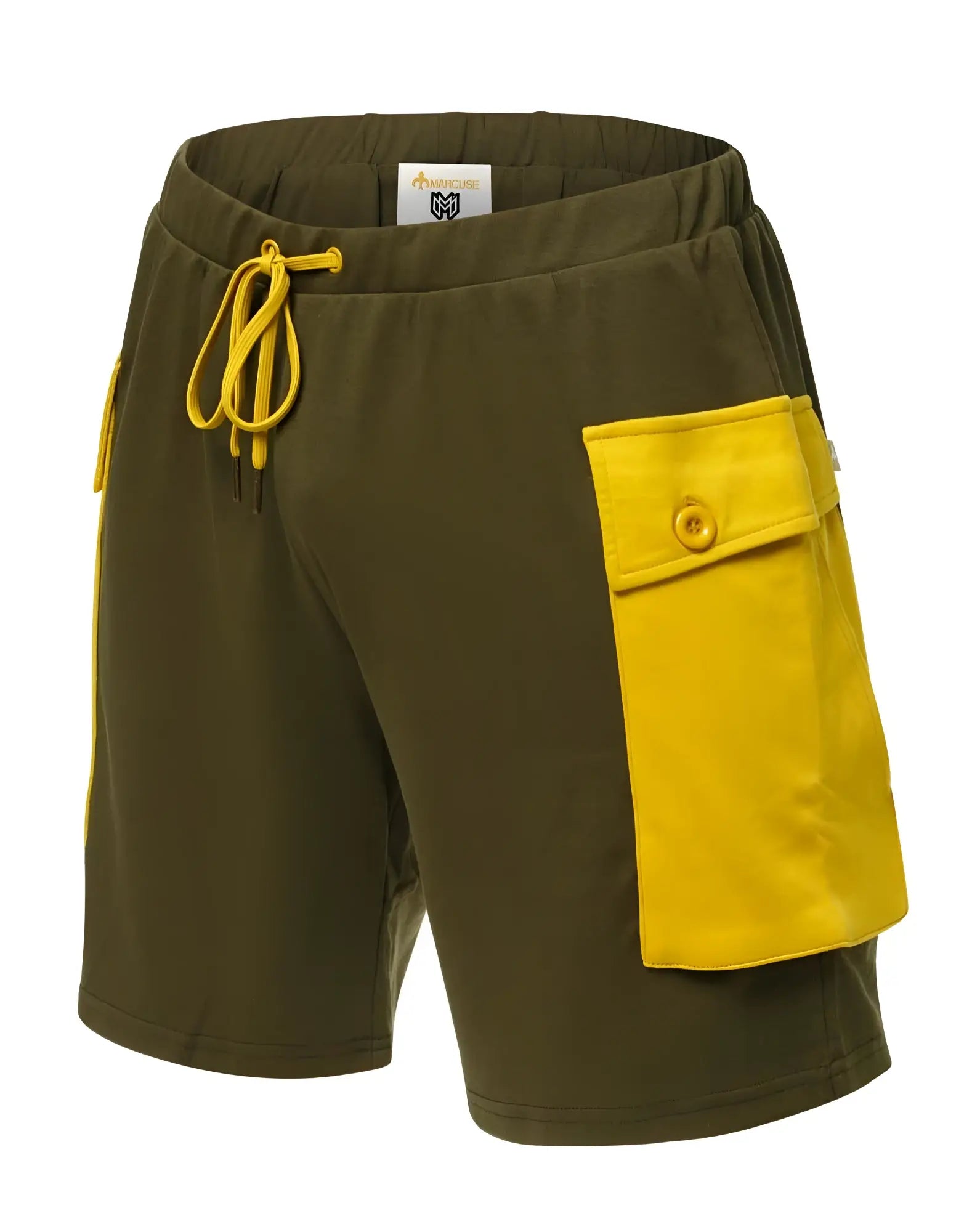 Marcuse Zaiden cargo shorts in olive green athletic fabric with a bold yellow side pocket and matching drawstring