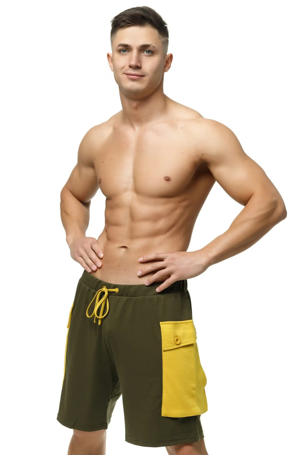 Marcuse Zaiden cargo shorts in olive green and yellow with drawstring waistband and side pocket for casual wear